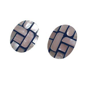 Oval Mother Of Pearl Vintage Navy Geometric Stud Earrings Acrylic Costume Retro